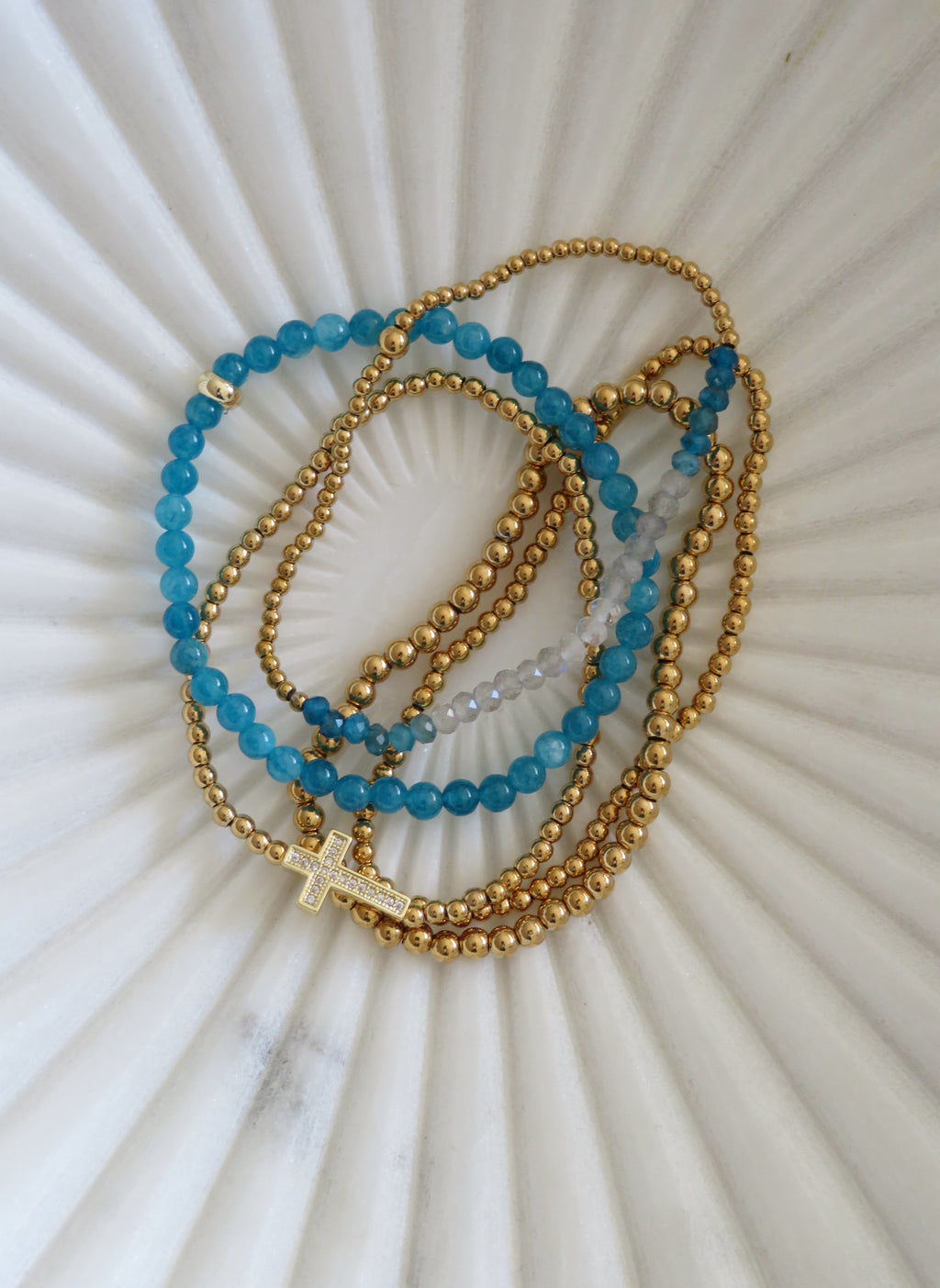 Holy Cross Blue Beaded Bracelet Stack - Set of 5 Waterproof Non-Tarnish