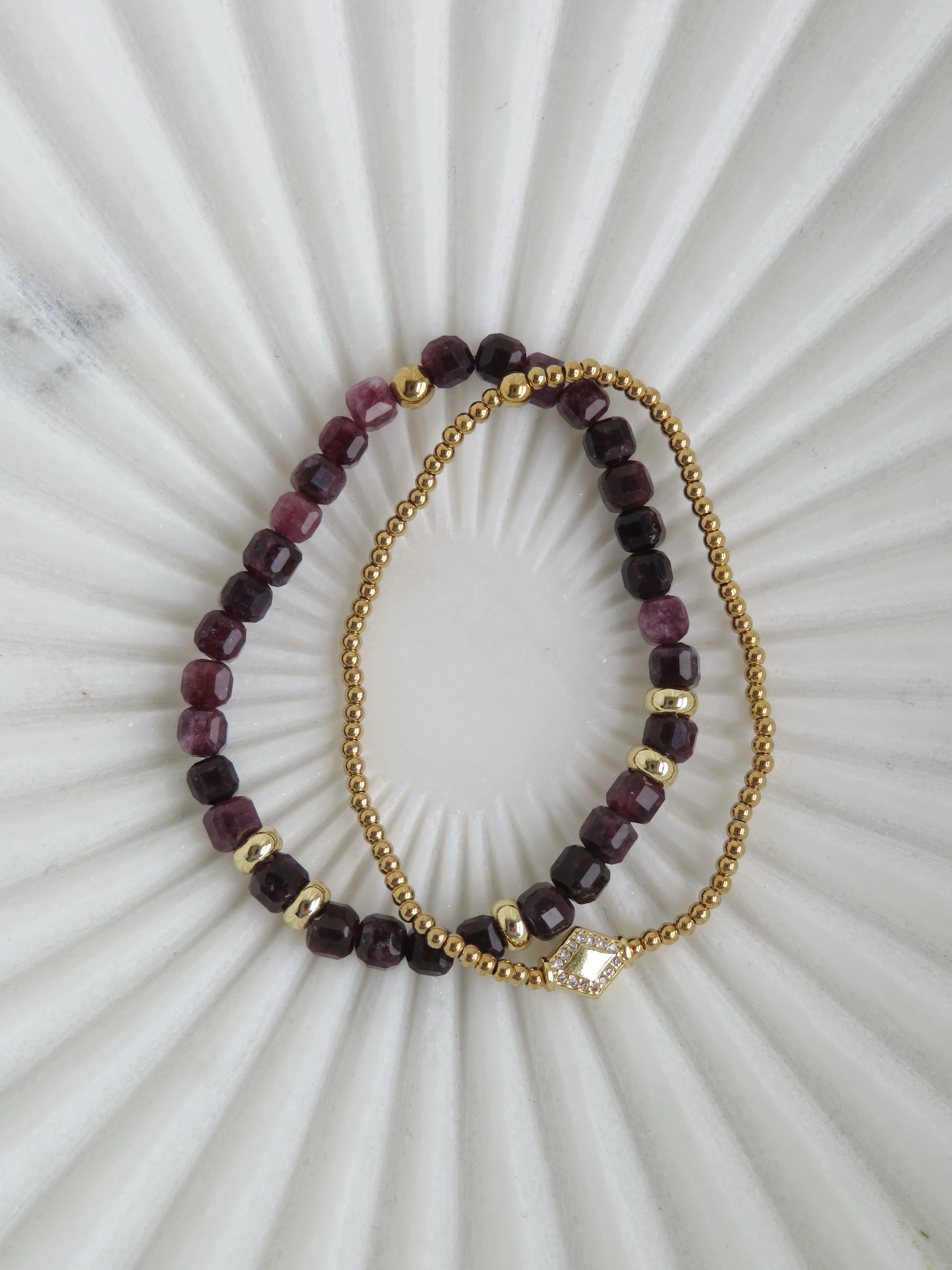 Gold Beaded Crystal Bracelet Stack - Set of 2 Waterproof Non-Tarnish