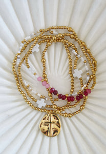 Holy Cross Beaded Styled Bracelet Stack- Pink - Set of 5 Waterproof Non-Tarnish