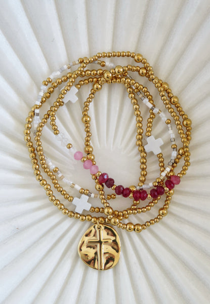 Holy Cross Beaded Styled Bracelet Stack- Pink - Set of 5 Waterproof Non-Tarnish