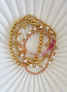 Florette Holy Cross Beaded Styled Bracelet Stack- Pink - Set of 5 Waterproof Non-Tarnish