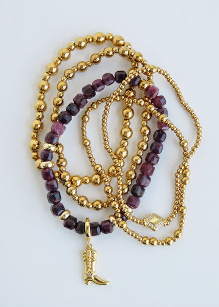 Cowgirl Boot Purple Beaded Styled Bracelet Stack - Set of 5 Waterproof Non-Tarnish