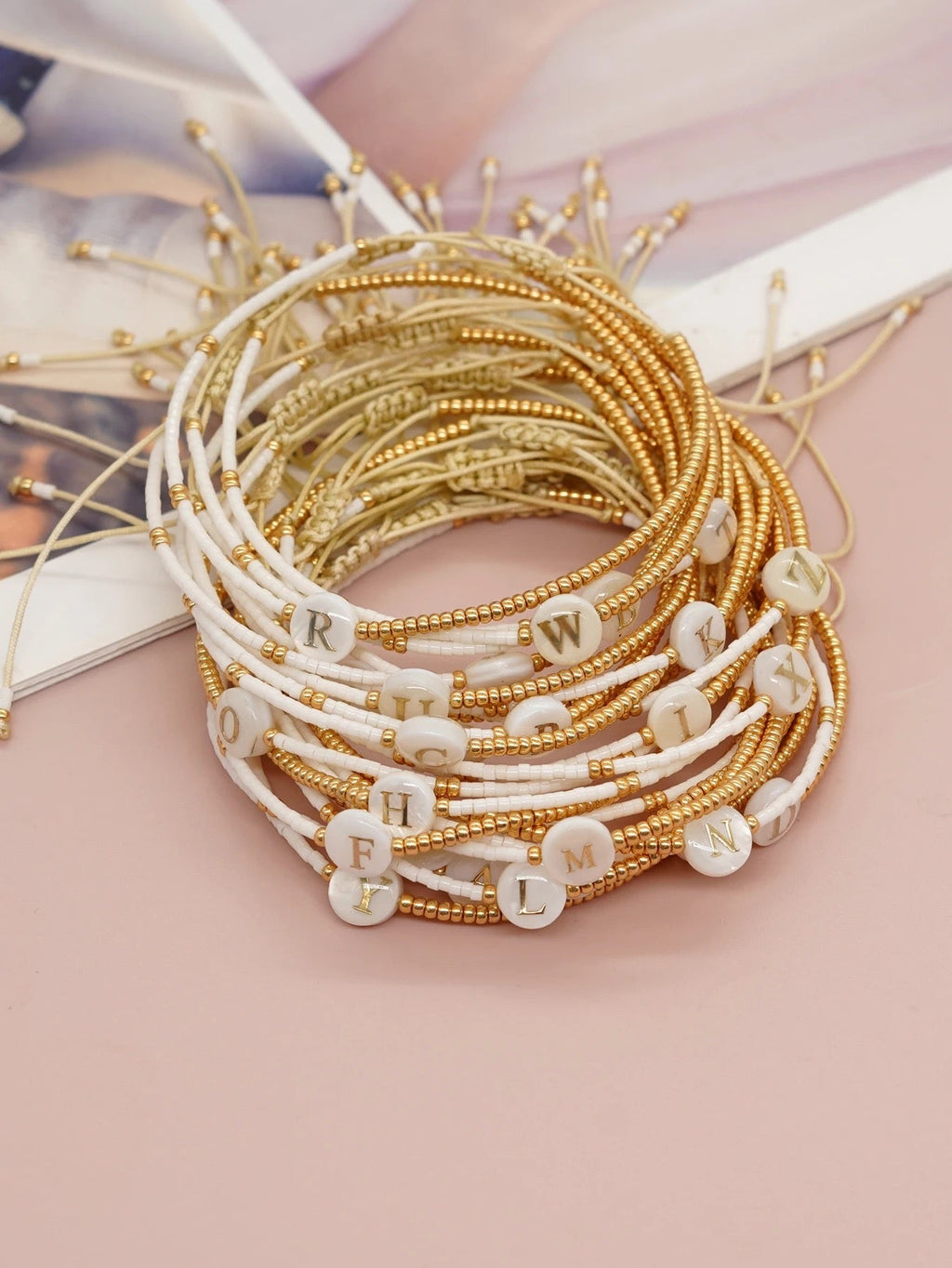 Initial Bracelet - Beaded Pearl Shell