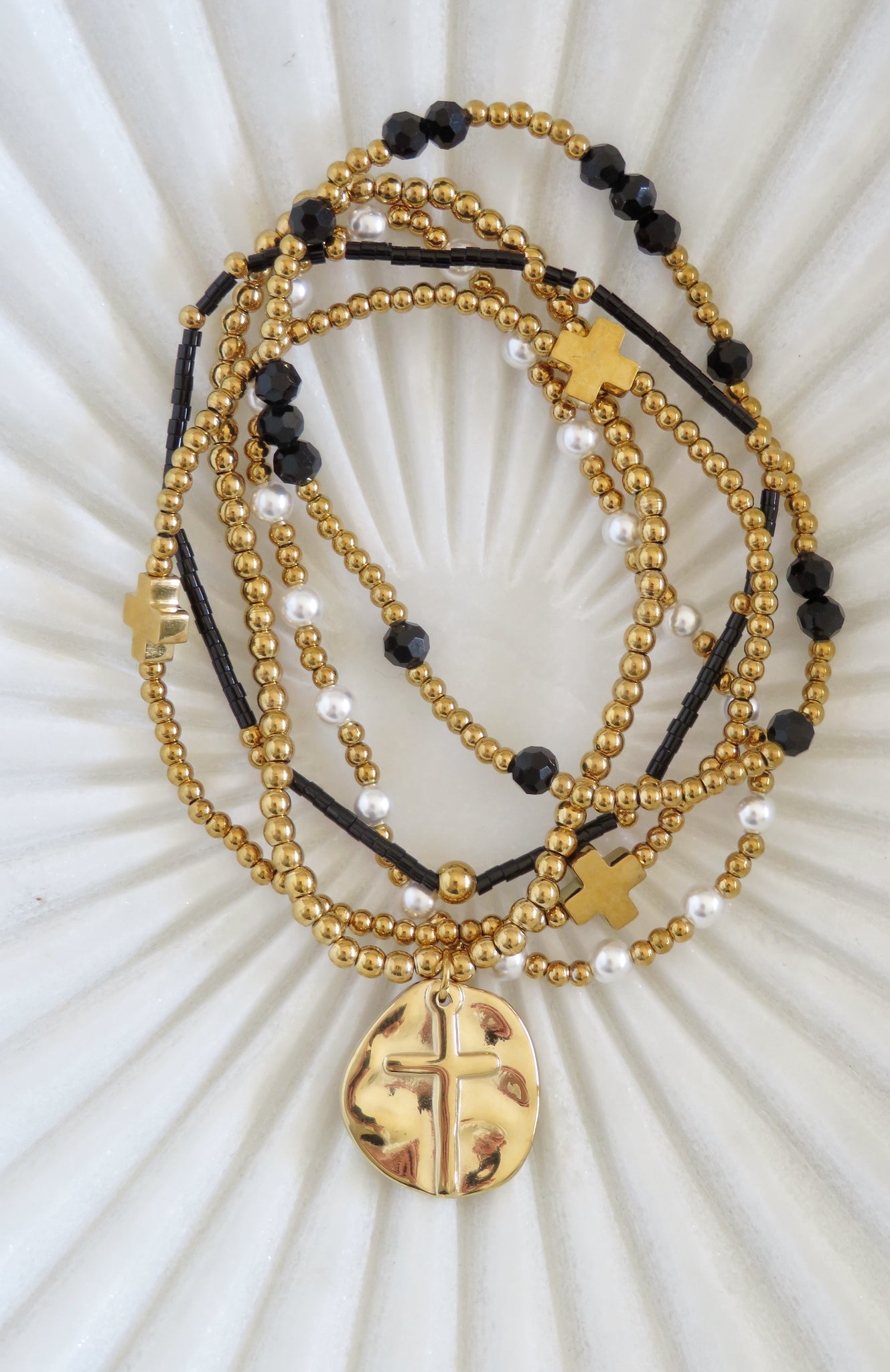 Holy Cross Beaded Styled Bracelet Stack- Black - Set of 5 Waterproof Non-Tarnish