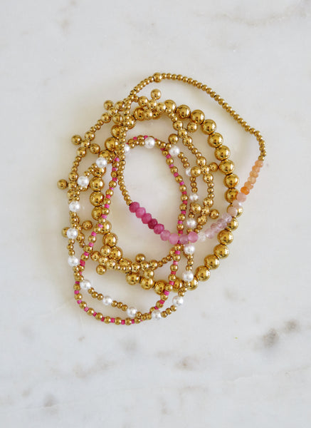 Florette Holy Cross Beaded Styled Bracelet Stack- Pink - Set of 5 Waterproof Non-Tarnish
