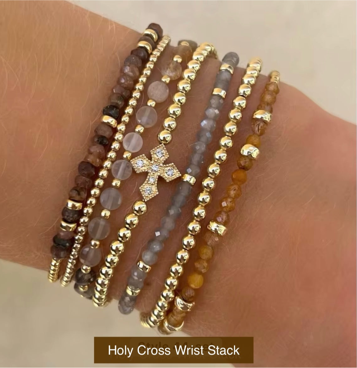 Holy Cross Beaded Bracelet Stack - Set of 7 Waterproof Non-Tarnish