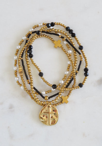 Holy Cross Beaded Styled Bracelet Stack- Black - Set of 5 Waterproof Non-Tarnish